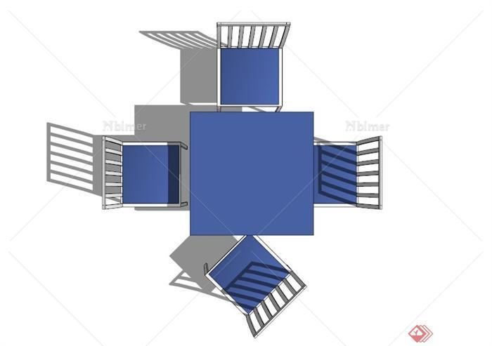现代蓝色简约四人桌椅组合SU模型