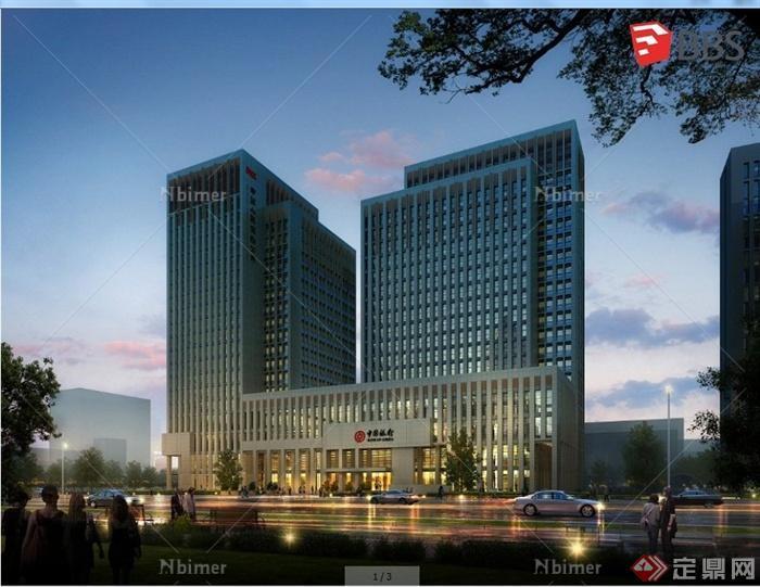 现代风格中国银行办公大楼建筑设计SU模型（含效