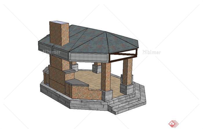 庭院景观椭圆亭子与壁炉组合设计SU模型