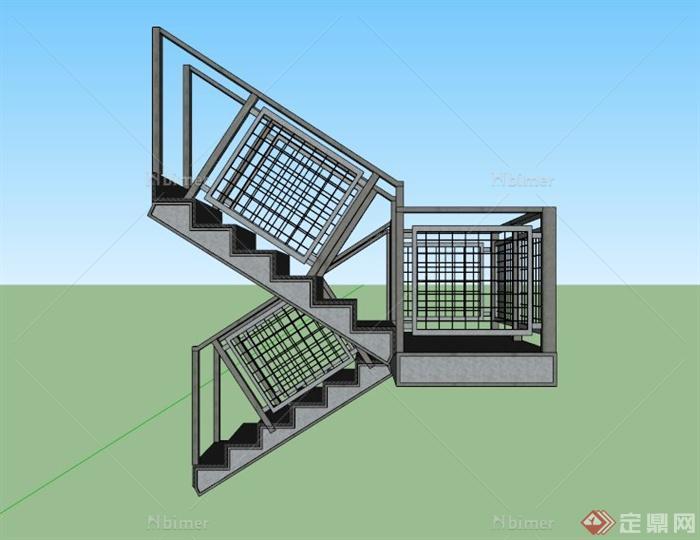 现代铁网栏杆围栏楼梯设计SU模型