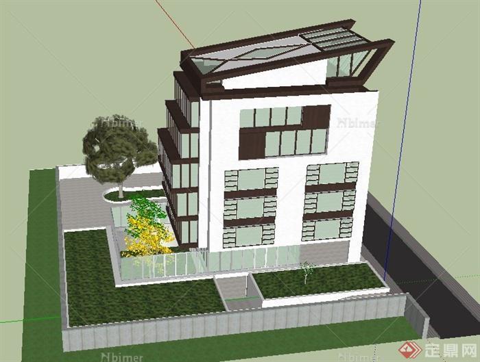 现代某五层透明材质制作住宅建筑设计SU模型