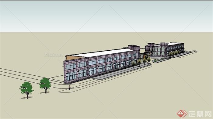 某现代住宅小区大门设计su模型（含商业建筑）[原