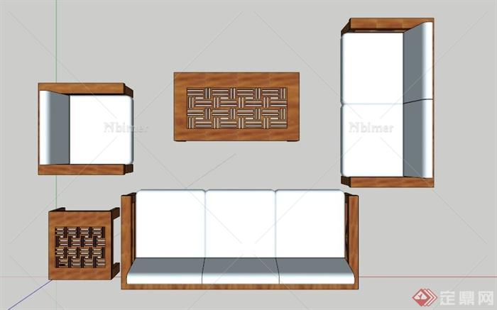 现代木质布艺沙发茶几组合SU模型