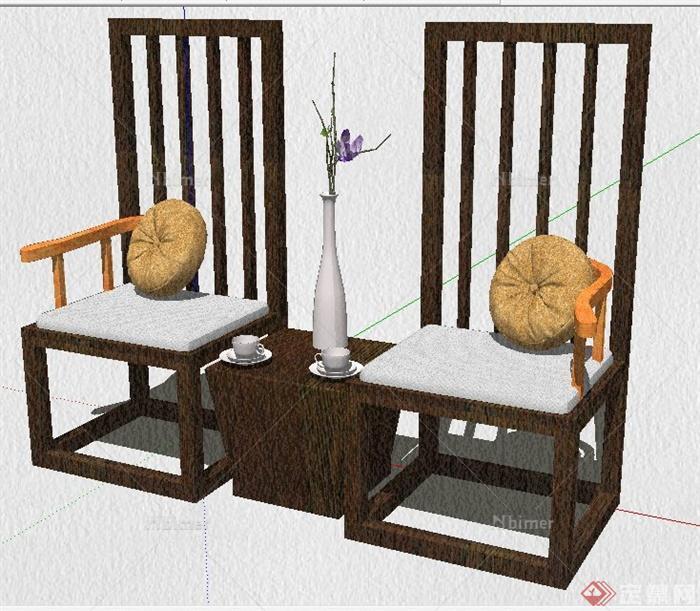 中式风格对椅及茶几su模型
