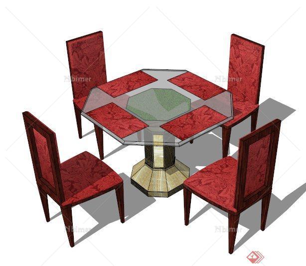 新中式风格8边形餐桌椅su模型