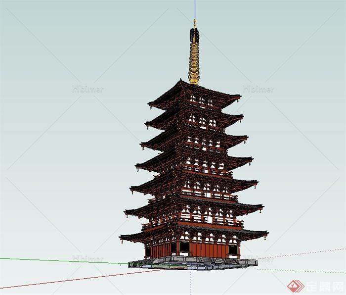 中国古典中式风格精致塔阁楼建筑su模型[原创]