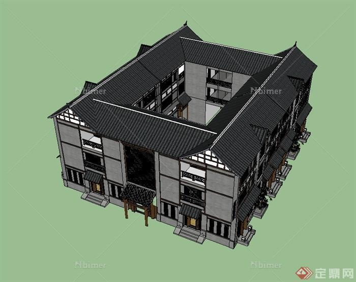 现代中式四合院多层住宅建筑楼设计su模型[原创]