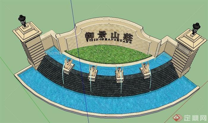 小区入口新古典喷泉水景su模型