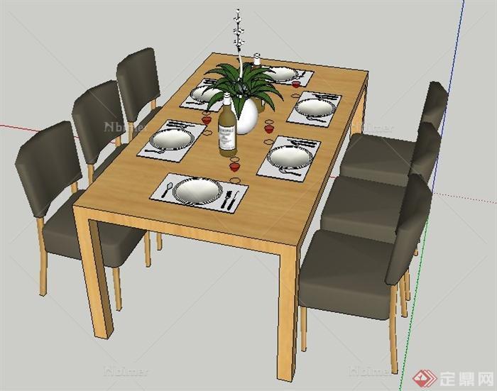 室内装饰简约6人座餐桌椅su模型