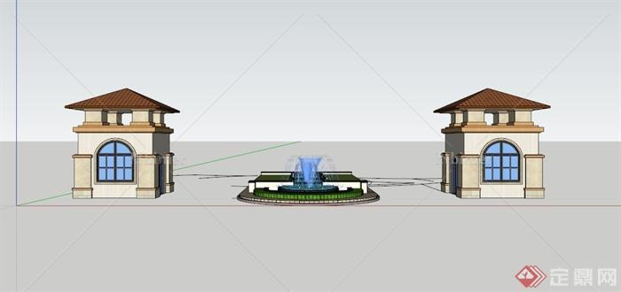 某欧式小区喷泉水景大门入口SU模型