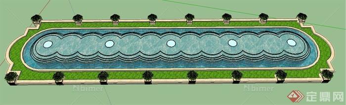 现代风格长形景观叠水池su模型