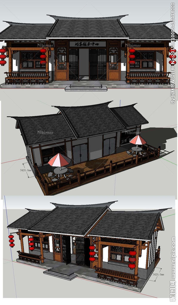 中式游客中心建筑草图大师模型图片