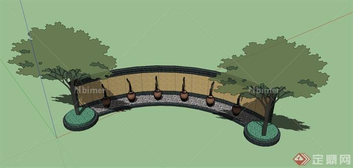 吐水景墙树池组合设计SU模型