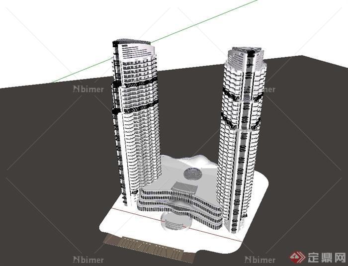 现代风高层双塔办公楼及商场综合体建筑楼设计su