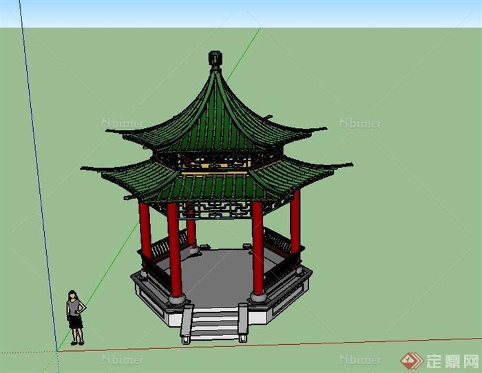 古典中式双塔六角亭设计SU模型