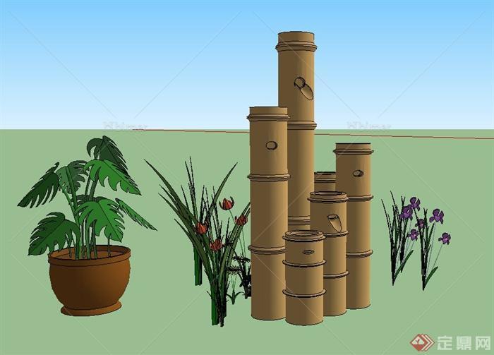 园林景观节点竹制小品与花钵设计SU模型