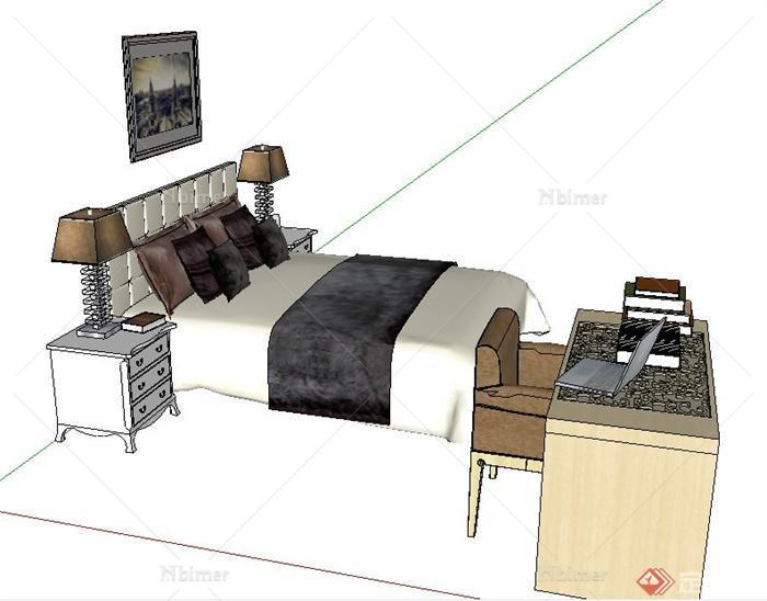 现代简约床及书桌椅su模型
