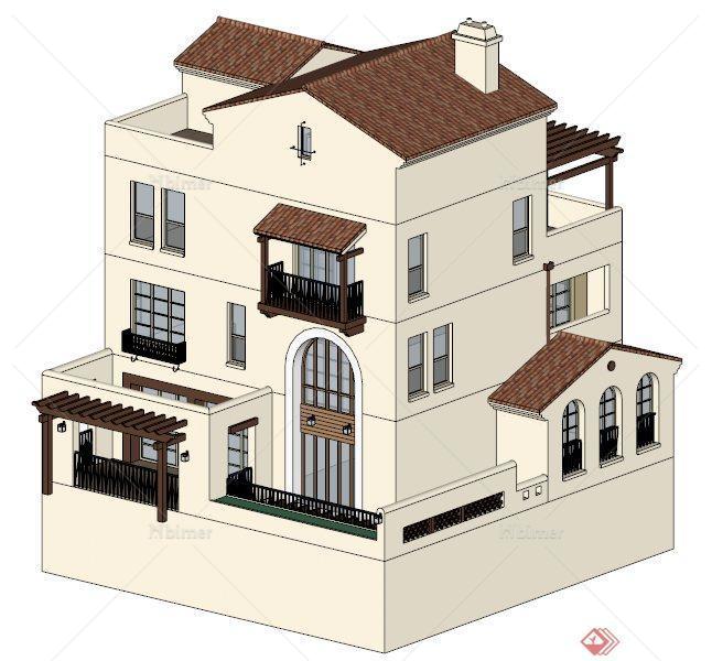 西班牙风格多层别墅建筑设计su模型