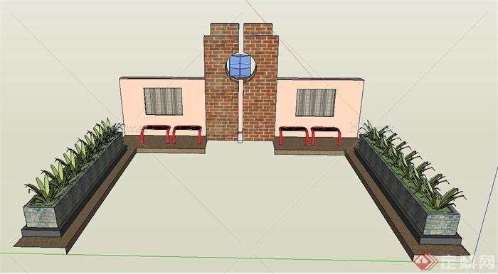 园林景观节点景墙、坐凳、种植池组合设计SU模型