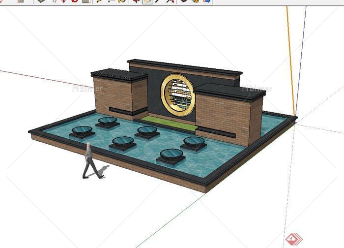 现代风格砖砌景墙水池设计su模型[原创]