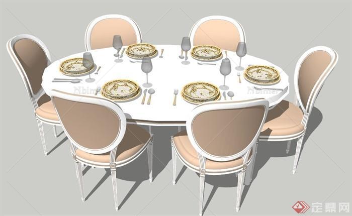 简欧风格椭圆形六人座餐桌椅su模型
