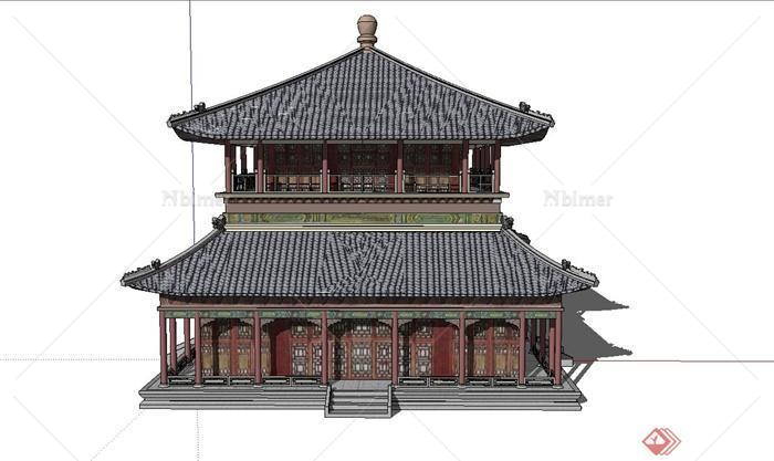 古典中式某两层茶楼建筑设计SU模型