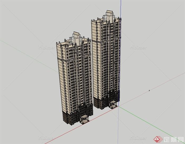 新古典风格两栋高层住宅楼建筑设计su模型[原创]