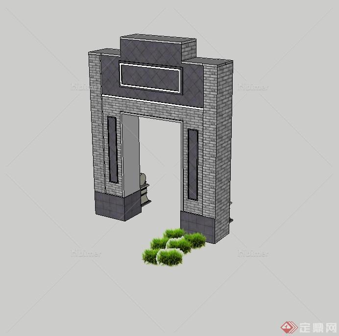 现代中式风格砖砌入口门设计su模型[原创]