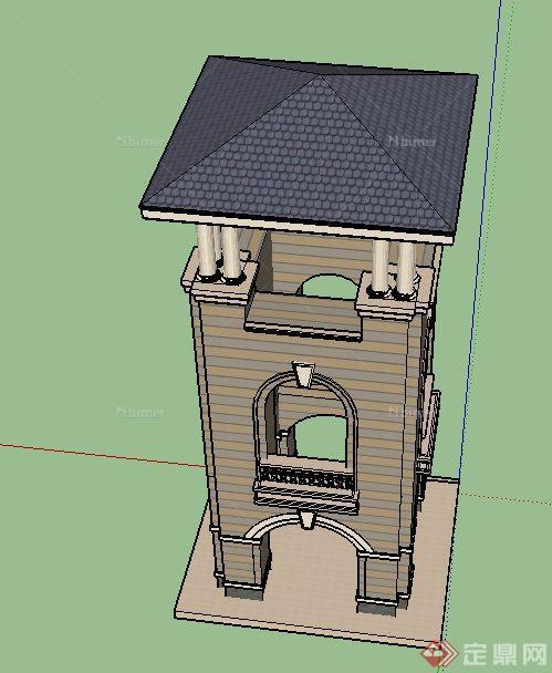 欧式方形三层塔楼建筑设计SU模型