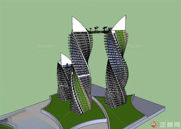 现代三栋高层异形纽带式办公建筑设计SU模型