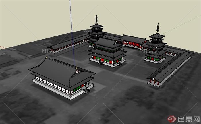 中国古典中式寺庙旅游建筑设计su模型[原创]