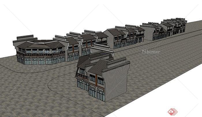 现代中式风格详细多层商业街建筑设计SU模型[原创