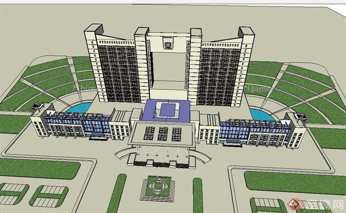 某现代风格简单的政府办公建筑楼设计su模型[原创