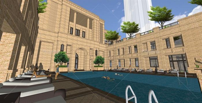 某精细欧式风格会所建筑设计SU模型含泳池景观[原