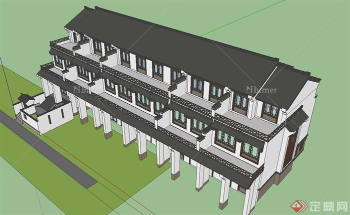 古典中式三层联排住宅建筑设计SU模型