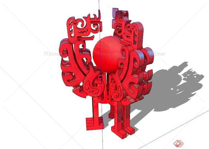某现代中式红色三鼎雕塑SU模型