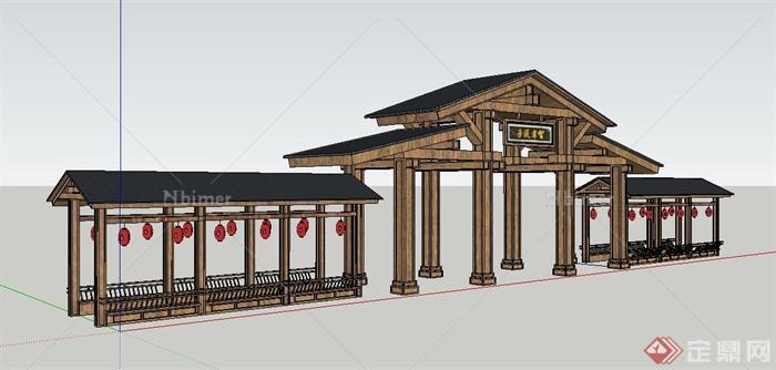 园林景观节点木质门廊与长廊设计SU模型