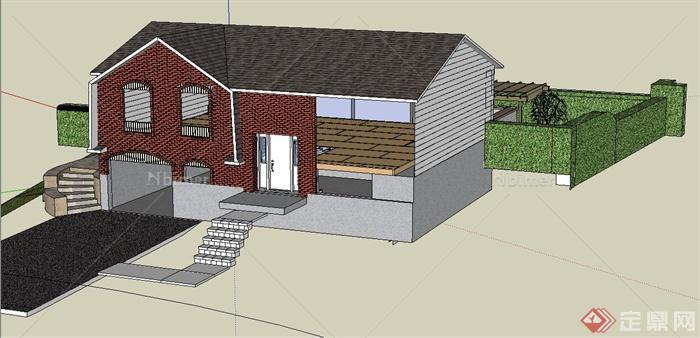 现代中式住宅建筑及庭院景观su模型