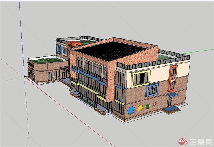 现代风格三层幼儿园建筑设计cad方案及SU模型[原