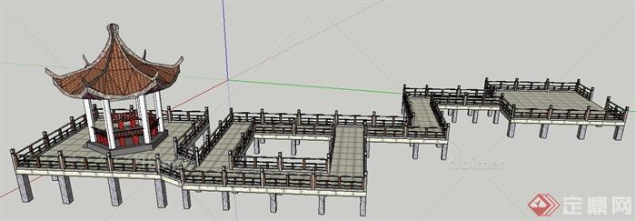 现代中式风格栈道及凉亭su模型