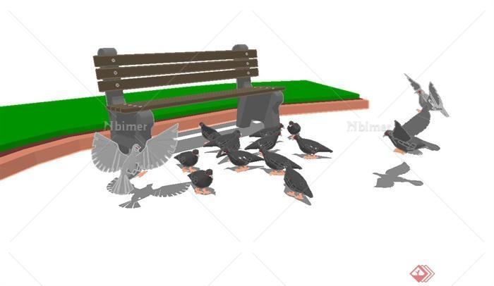 广场和平鸽、座椅组合设计su模型