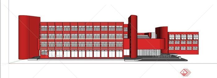 现代红色玻璃教学楼SU模型