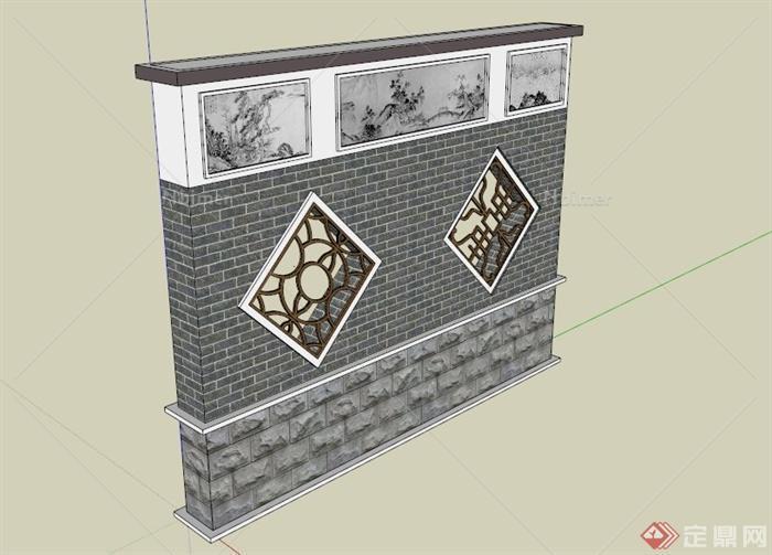 古典中式镂空山水画景墙SU模型
