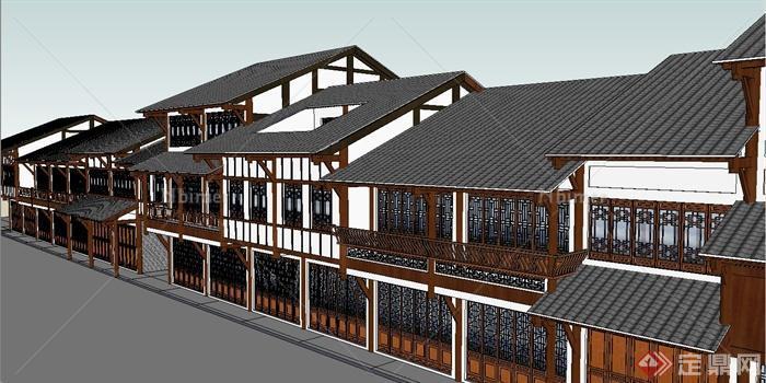 某中式川西民居风格的商业街建筑设计SU模型[原创