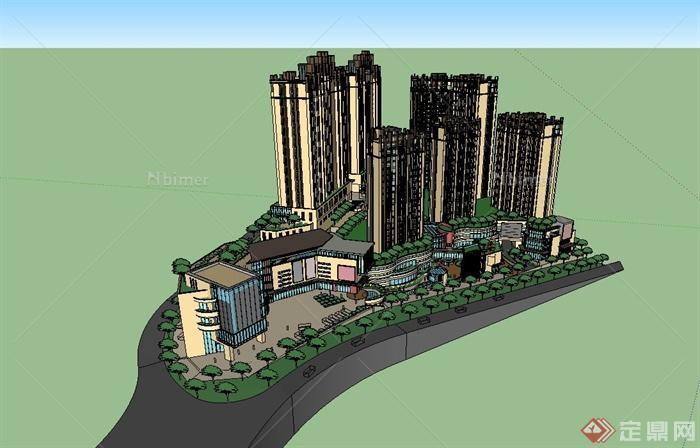 某现代商场、住宅楼综合建筑设计su模型