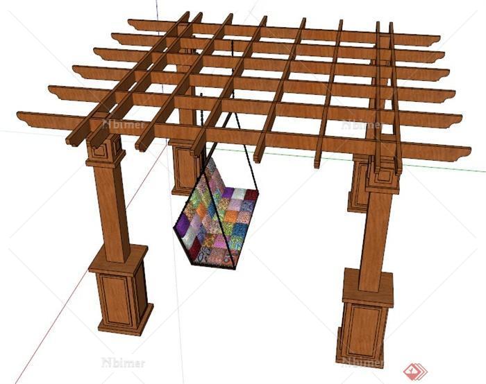中式风格木廊架带吊椅su模型