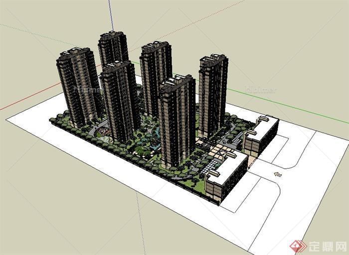 某现代高层居住区完整规划设计su模型（含高层建