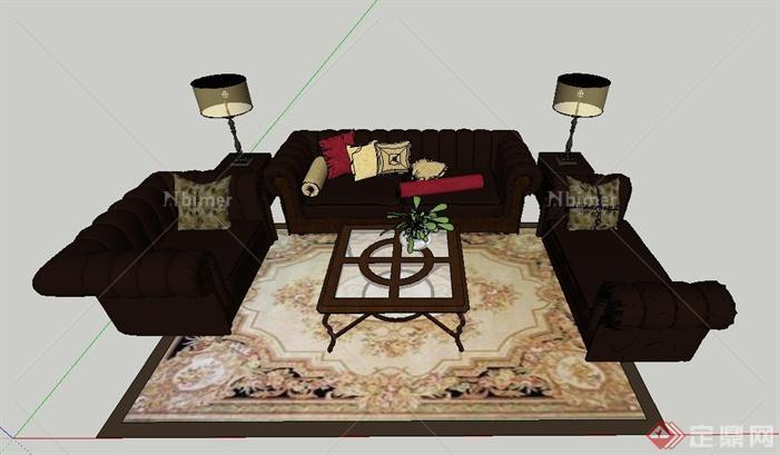 美式风格棕色沙发茶几su模型
