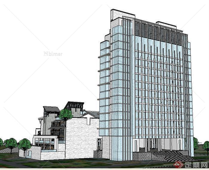 一个新中式风格台地酒店建筑方案SU精致设计模型