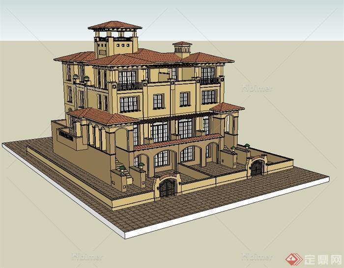 西班牙风格双拼别墅建筑楼设计su模型[原创]